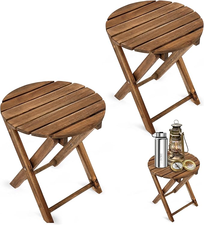 2PCs Folding Side Tables, Waterproof Patio Foldable End Table, Portable Side Table for Indoor and Outdoor Garden, Porch, Balcony, Camping, Fishing, Walnut Color, Small Size 13 inch Height