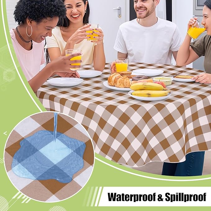 Smiry Round Plastic Table Cloth, Waterproof Vinyl Tablecloth with Flannel Backing, Wipeable Buffalo Plaid Table Cover for Dining, Indoor and Outdoor (Brown & White, 60" Round)