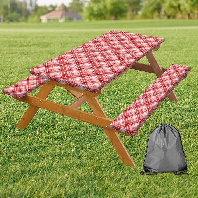 DYNH 3 Pcs Picnic Table Cover with Bench Covers, 8ft Waterproof Reusable Elastic Fitted Rectangle Picnic Table Cloths,30x96IN Red Plaid Picnic Tablecloth for Camping Patio Travel Outdoor