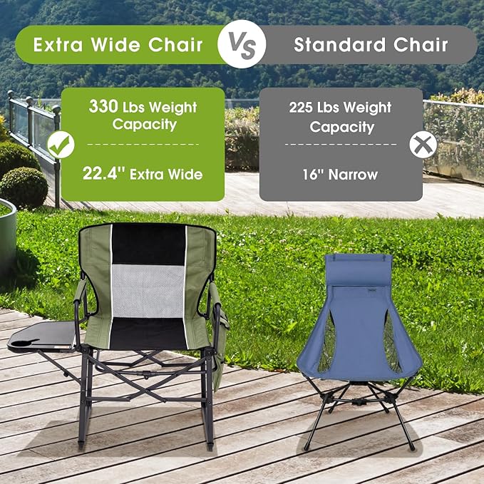 Wide Folding Director Chair with Table, Outdoor Camping Chair for Adults with Cup Holder Load 330 Lbs, Portable Lightweight Chair for Outside with Carry Bag for Patio, Green-2Pack