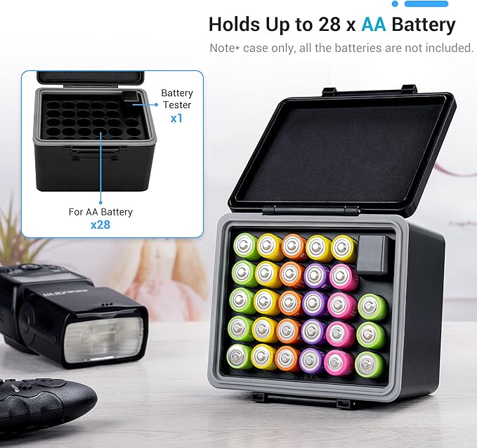 JJC 28 Slots AA Double A Battery Case Holder with Removable Battery Tester, Water-Resistant & Shockproof AA Battery Storage Box