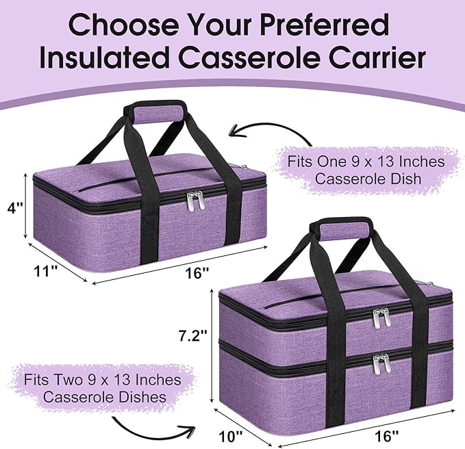Insulated Casserole Carrier, Portable Casserole Carrier for Hot or Cold Food Lunch Tote Warmer or Cooler Bag, Lasagna Lunch Bag for Potluck Parties- Fits 9" x 13" Baking Dish-Purple