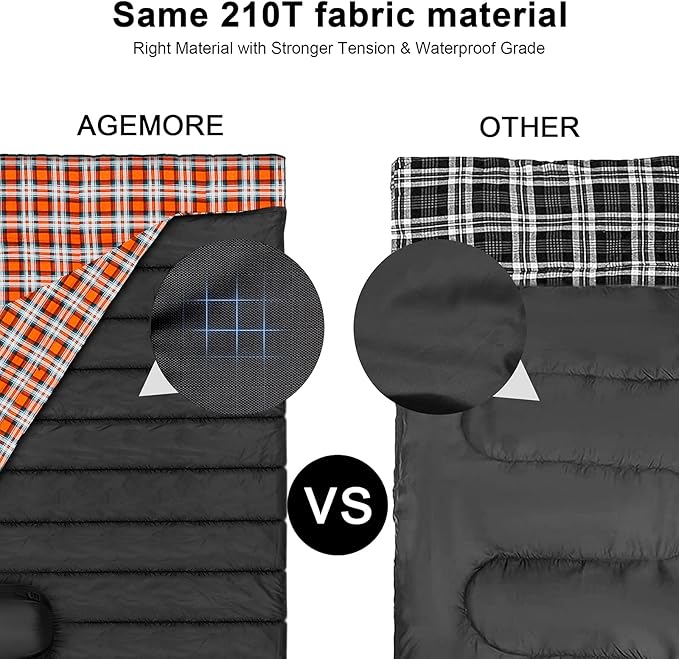 AGEMORE Cotton Flannel Double Sleeping Bag for Camping, Backpacking Or Hiking. Queen Size 2 Person Waterproof Sleeping Bag for Adults Or Teens. Lightweight with Compression Sack