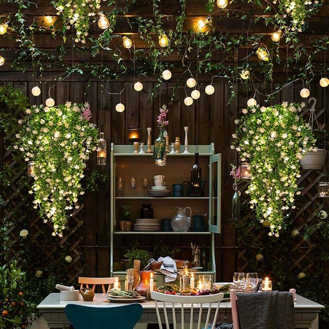 RECUTMS 3 Pcs Hanging Fake Plants Fake Vines Artificial Plants Large Faux Hanging Plant with 30 LED String Light, Artificial Hanging Plants Wall Indoor Outdoor Decorations(White)