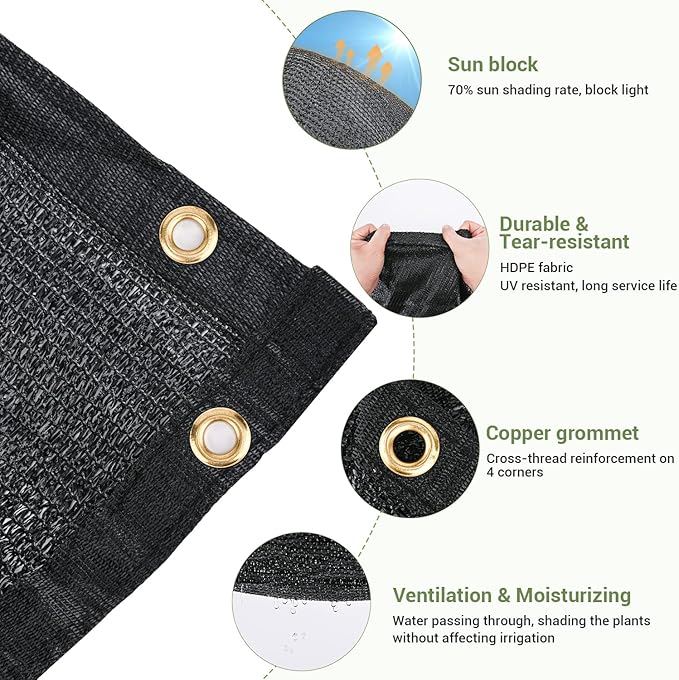 70% Garden Shade Cloth, 10x12FT HDPE Mesh Tarp with Upgraded Grommets, UV-Resistant Outdoor Sun Shades for Greenhouse, Garden, Patio Plants, Pergola