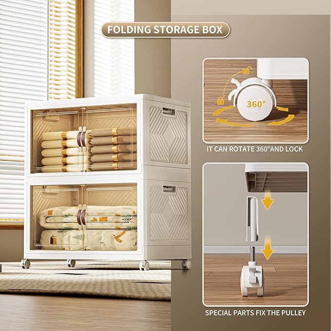 268 QT / 67 Gal Collapsible Storage Bins with Wheels & Magnetic Doors - Stackable Plastic Cabinet Organizer for Home, Garage, Closet (White Space-Saving Containers)