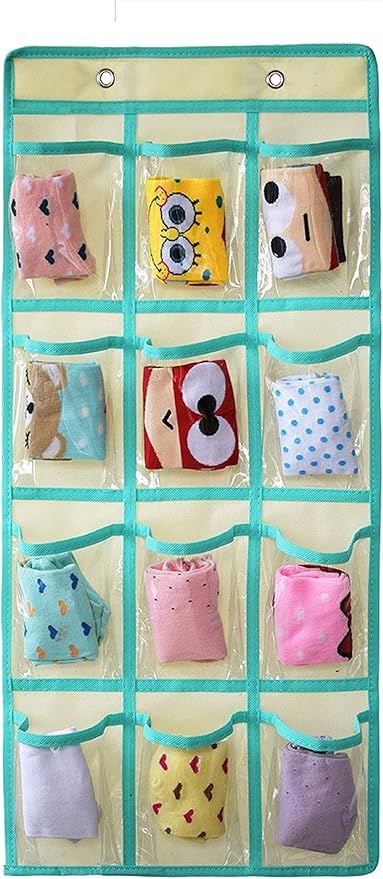 NIMES Hanging Closet Underwear Sock Jewelry Storage Over The Door Classroom Cell Phone Calculator Organizer 12 Clear Pockets (Beige)