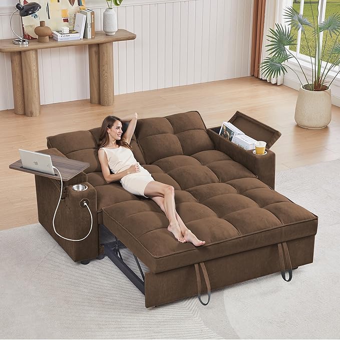 65'' 3-in-1 Folding Convertible Sofa Bed, Pullout Sofa, Modern Chenille Fabric, 360° Swivel Side Table, Easy Assembly, Perfect for Living Room(ZY-1107A-Brown)