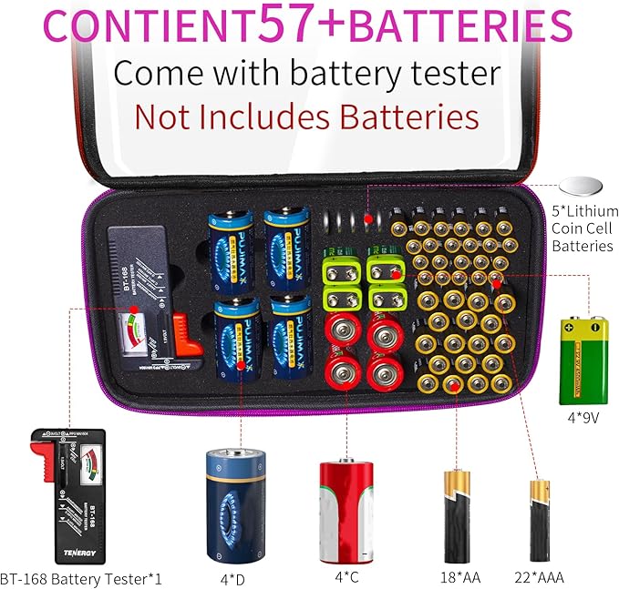Battery Organizer Storage Case with Tester,Clear Batteries Storage Organizers Holds, Just The Right Size Slot with stable handle,Holds 57 Batteries Various Sizes（Batteries are Not Included）(Purple)