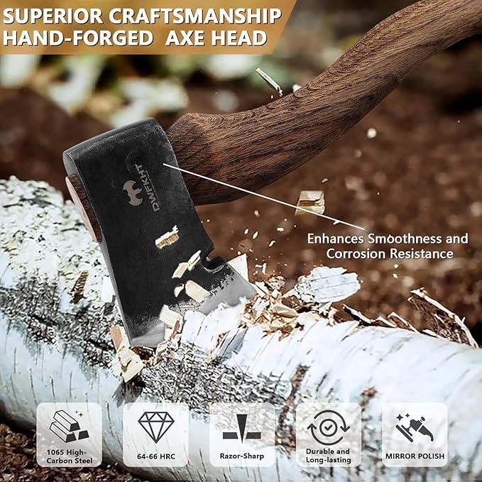 15.2" Camping Hatchet, Hand Forged Axe with Sheath, Bushcraft Axe with 1065 Carbon Steel and Beech Handle for Wood Splitting and Kindling – Perfect for Outdoor Survival and Adventures