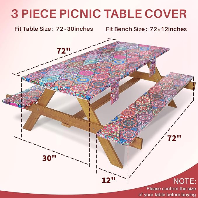 Picnic Table Cover with Bench Covers Fitted Wrinkle Free Camping Table Cloths Hiking Glamping Supplies Travel Trailers Cooking Essential Holiday Festival Decor Gifts for Adult Who Want Nothing