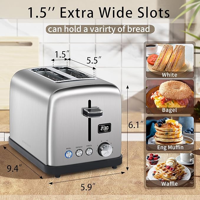 SEEDEEM Toaster 2 Slice, LCD Display, 7 Shade Settings, 1.4'' Wide Slots, Stainless Steel Digital Toaster for Bagel, Defrost, Reheat, Removable Crumb Tray, 900W, Silver Metallic