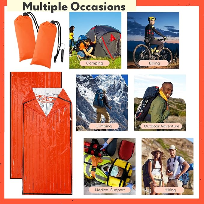 Qunclay 12 Set Emergency Sleeping Bag Survival Bivvy Sack Blanket with Whistles Lightweight Portable Thermal Survival Bag Thick Tent with Hood Extension Nylon Stuff Sack