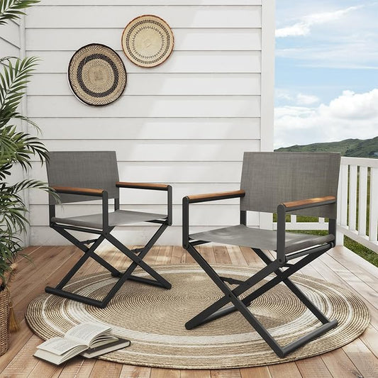 Grand patio Extra-Wide 2-Pack Directors Chairs, Folding Dining Chair Set of 2 with Sling, Woodgrain Armrests, Outdoor, Gray