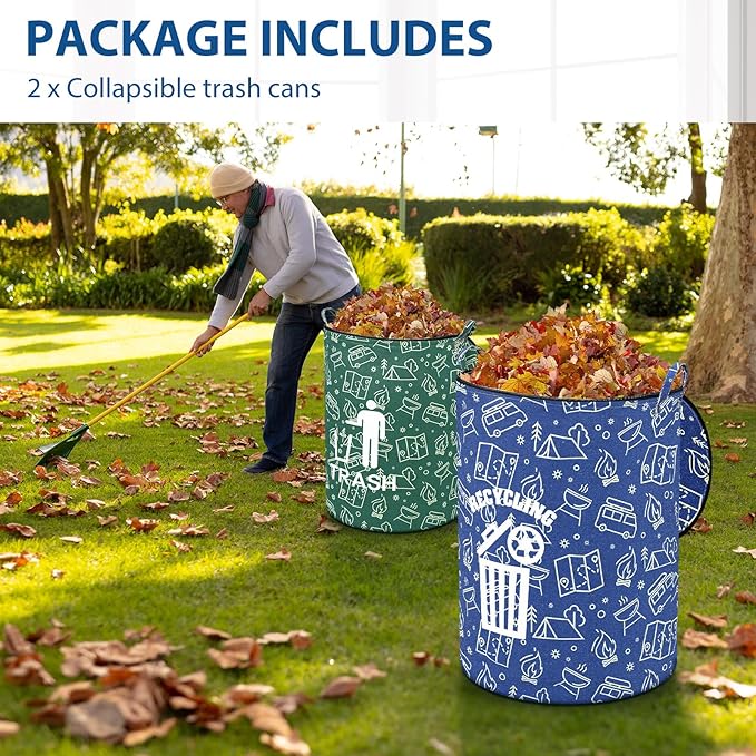 2 Pack Collapsible Trash Can Camping with Zippered Lid Foldable Storage Bin Portable Garbage Can for Outdoor Camping RV's Yard Waste (Trash and Recycling Style)