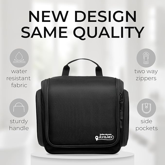 AvaJex Large Hanging Toiletry Organizer - Waterproof Hygiene Bag with Metal XXL Swivel Hook, Sturdy Zippers and 15 Compartments for Toiletries, Makeup, Cosmetics