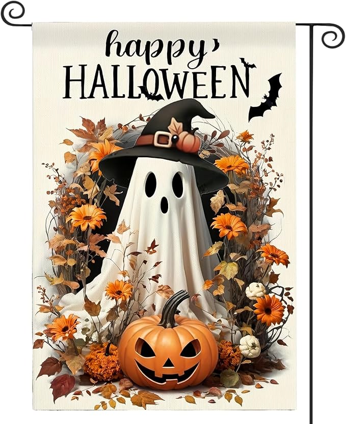 Happy Halloween Garden Flag 12X18 Inch Double Side, Ghost Yard flag,Pumpkin Jack O Lantern Outside Small Garden Flag,Outdoor Flag for Holiday Patio Courtyard Lawn Decoration