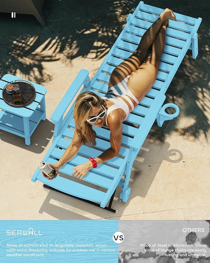 SERWALL Patio Chaise Lounge Chair, 5 Positions Adjustable HDPE Outdoor Lounge Chair, Poly Lounge Chair with Rolling Wheels & Cup Holder, Light Blue