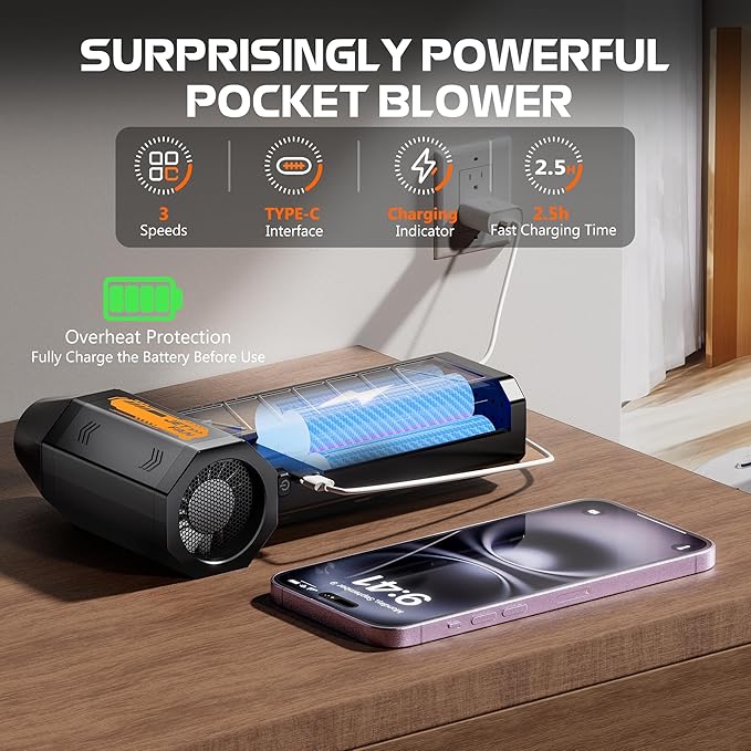 Compressed Air Duster - Cordless Mini Electric Air Duster with Led Light, 3 Adjustable Speeds & 5 Nozzles Storage Bag- Perfect for PC, Car, Outdoor & Home Cleaning (Black)