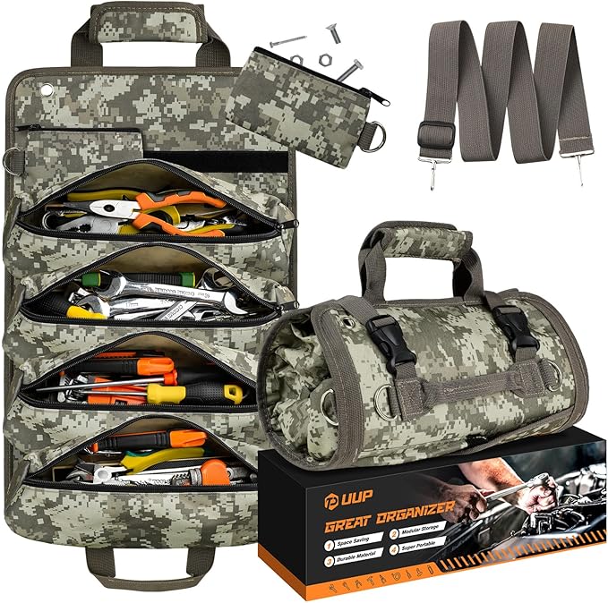 Tool Bag Roll Up, UUP Heavy Duty Rolled Empty Tool Storage Organizing, Portable Tool Roll Container with 2 Detachable Pockets, Folding Tool Holder, Father Day Dad Men Electrician Gift, Camouflage