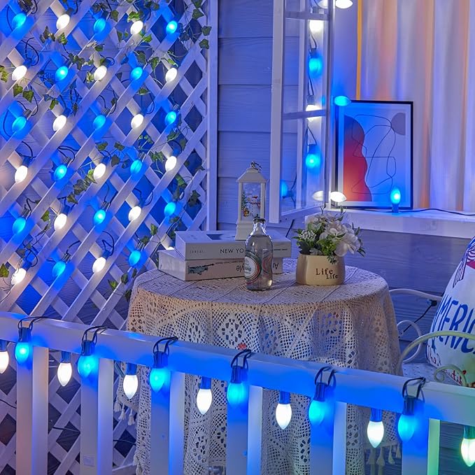 C9 LED Christmas Lights Outdoor, 50 Feet C9 String Lights with 50 Shatterproof Matte Bulbs, Connectable Waterproof Christmas Tree Lights for Holiday Roofline Backyard Garden Decor, Blue & Pure White