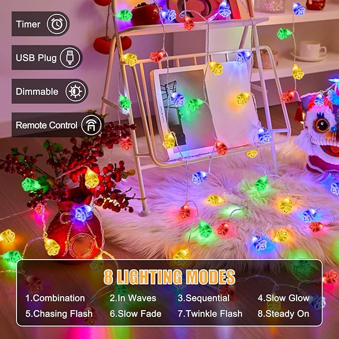 String Lights Indoor, 33Ft 80 LED Rose Flower Lights, 8 Modes Dimmable & Timeable Twinkle Lights, Festival Christmas Decorations for Bedroom Living Room, Multicolor, USB Plug, Remote