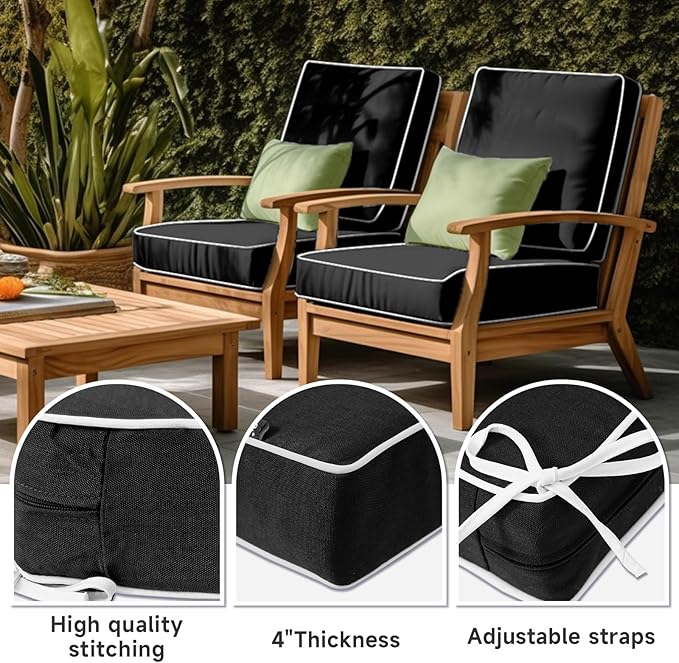 PNP FKJP 2 Pack Outdoor Chair Cushion 20" X 20" X 4", Waterproof Outdoor Seat Cushions with Non-Skid Ties, Black (Cushion + Cover)