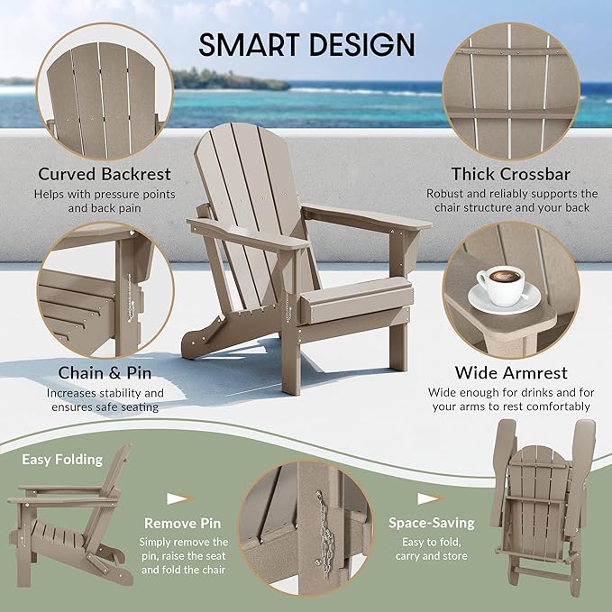 WestinTrends Malibu 4-Piece Set Outdoor Folding Poly Adirondack Chair, Weathered Wood