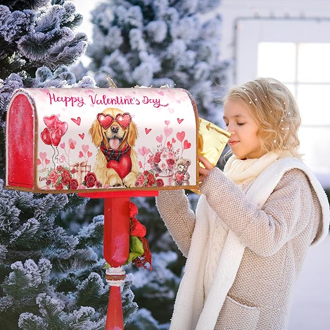 Happy Valentine Mailbox Covers Magnetic Standard Size 21"x18" Golden Retriever Dog Love Heart Decorative Mail Box Post Cover Rose Anniversary Pink Mail Box Post Cover for Home Outdoor Garden