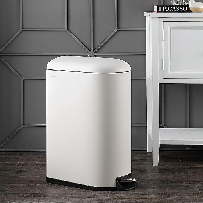 happimess HPM1009C Roland Mini 2.6-Gallon Step-Open Trash Can with Soft-Close Lid, Modern, Minimalistic, Fingerprint Proof for Home, Kitchen, Laundry Room, Office, Bedroom, Bathroom, White