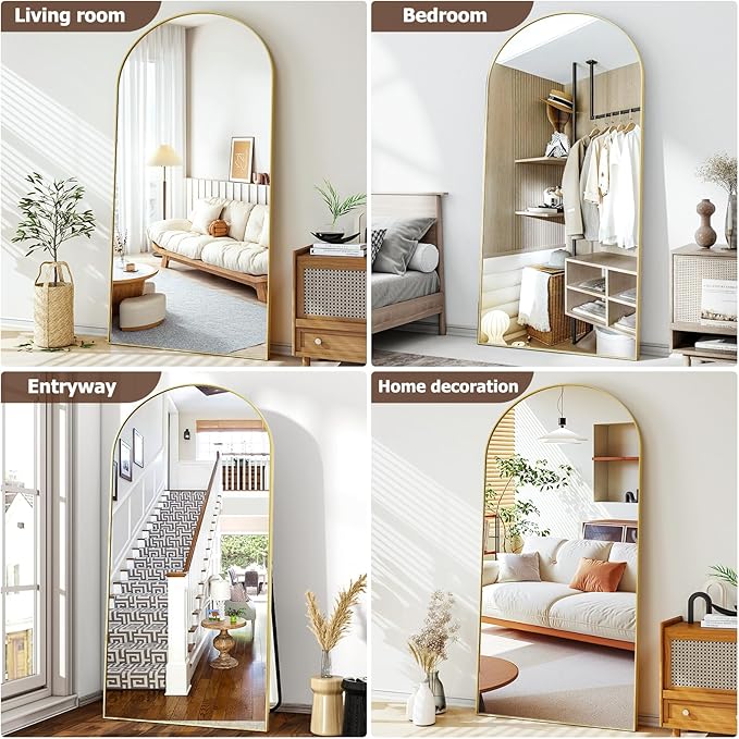 46"x76" Arched Full-Length Mirror, Oversized Floor Mirror with Stand, Freestanding or Wall-Mounted Full Body Mirror for Living Room, Bedroom, or Cloakroom, Gold