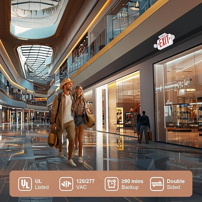 Emergency Sign Combo with Battery Backup, Double Sided Hardwired 6 LED Exit Sign, Adjustable Head Red Emergency Exit Light - Ceiling/Wall Mount, UL Listed, AC 120/277V (1 Pack)