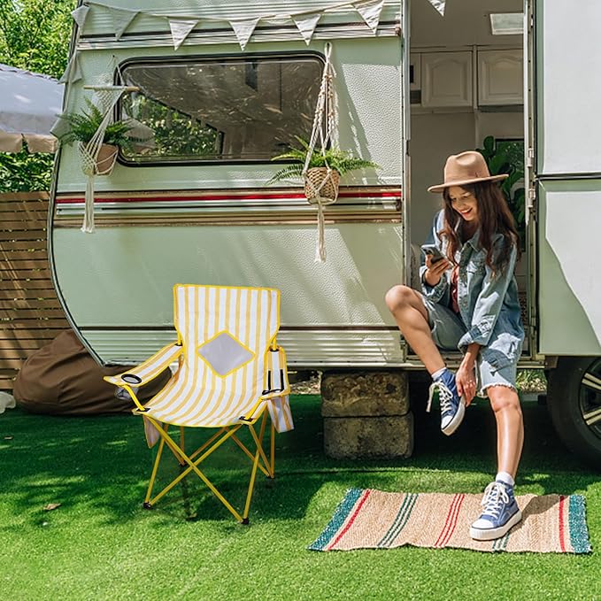 Nazhura 2 Pack Folding Camping Chair with Cooler Pouch, Mesh Backrest and Cup Holder Pocket (Yellow, 2 Pack)