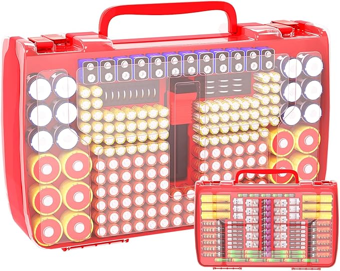 Battery Organizer Storage Holder Box Case with Tester- 269 Batteries Double-Sided Variety Pack, Holds AA AAA 4A C D Cell 9V 3V Lithium LR44 CR2 CR123 CR1632 18650 Button- Red (Box Only)