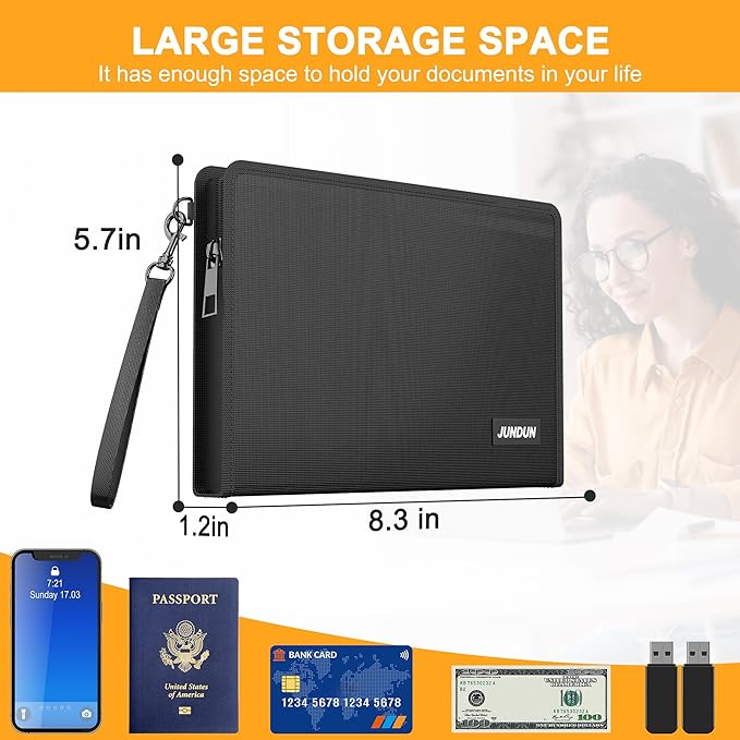 JUNDUN 5200℉ Fireproof Money Bag,8.5”x5.7” Water Resistant and Fireproof Cash Bag with External Pocket,Home Fire Safe Storage Bag Pouch for Money,Cash,Passport and Card