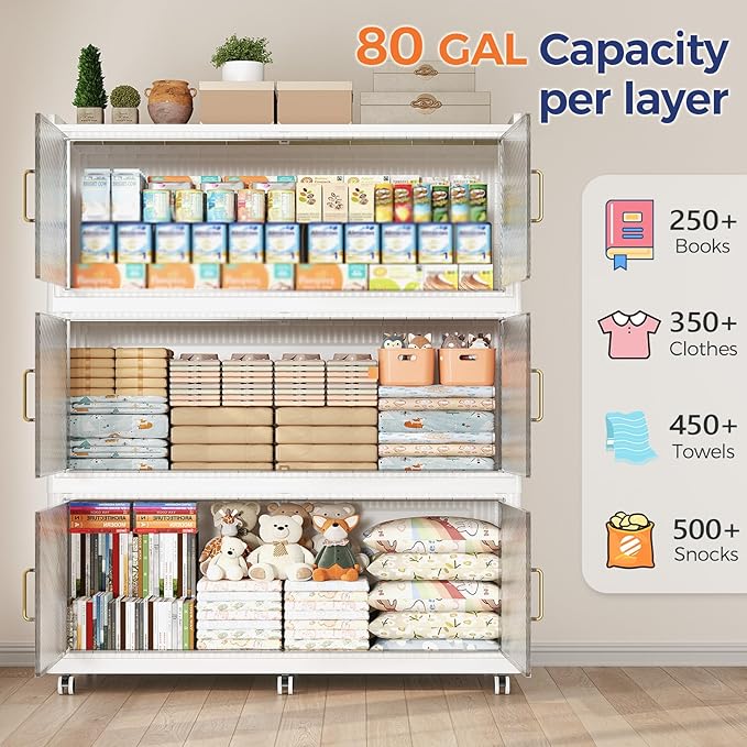 240GAL Extra Large Stackable Storage Bins with Lid, 960QT Plastic Closet Organizer and Storage Cabinet with Wheels and Doors, Folding Storage Box Container for Home Organization, 3Pack White