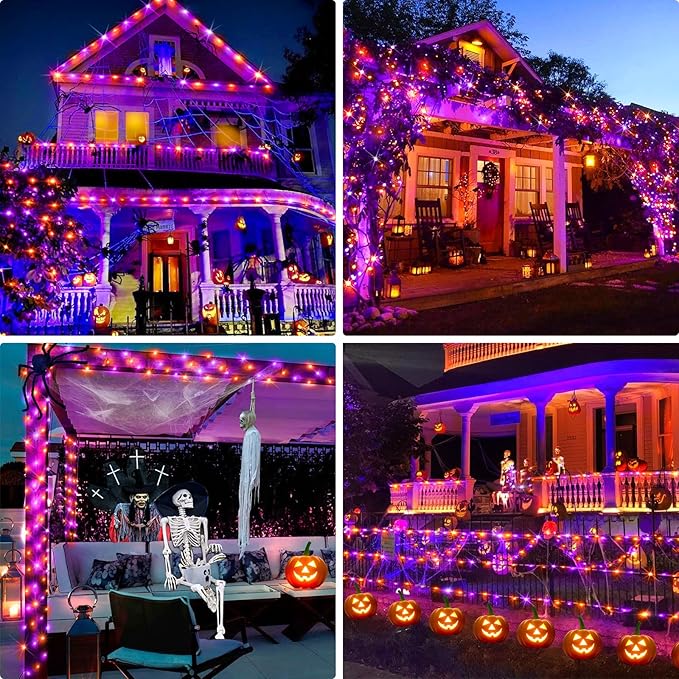 KNONEW 100FT 300LED Orange & Purple Halloween Fairy Lights Plug in,Orange Purple String Lights Outdoor Waterproof 8 Modes Memory Times for Bedroom Garden Party Halloween Decorations