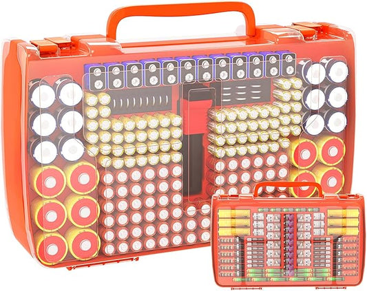 Battery Organizer Storage Holder Box Case with Tester- 269 Batteries Double-Sided Variety Pack, Holds AA AAA 4A C D Cell 9V 3V Lithium LR44 CR2 CR123 CR1632 18650 Button- Orange (Box Only)