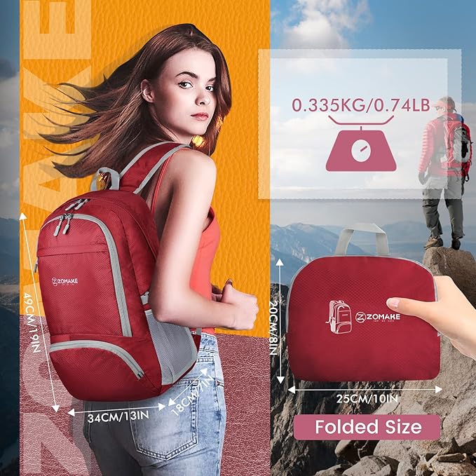 ZOMAKE Lightweight Packable Backpack 30L, Foldable Hiking Backpacks Water Resistant Compact Folding Daypack for Travel(Red)