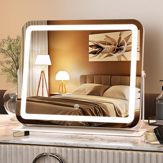 MINISO Vanity Mirror with Lights, 16" x 12" LED Makeup Mirror, Light & Brightness Adjustment, Smart Sensor, 360°Rotation, Aluminum Alloy Metal White Frame, with 10X Magnifying Glass