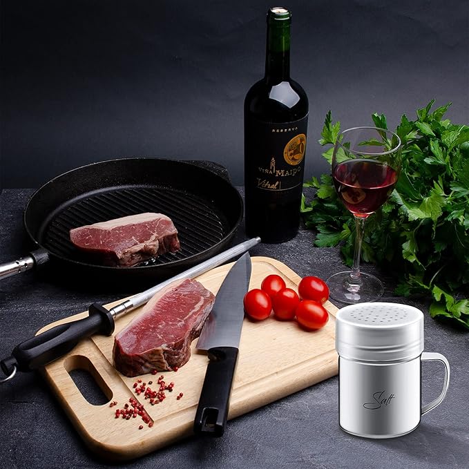 2-pack 13.5oz Stainless Steel Salt and Pepper Shakers with Lid and Handle Seasoning Dredge Shaker for Cooking Kitchen Baking Salt Candy