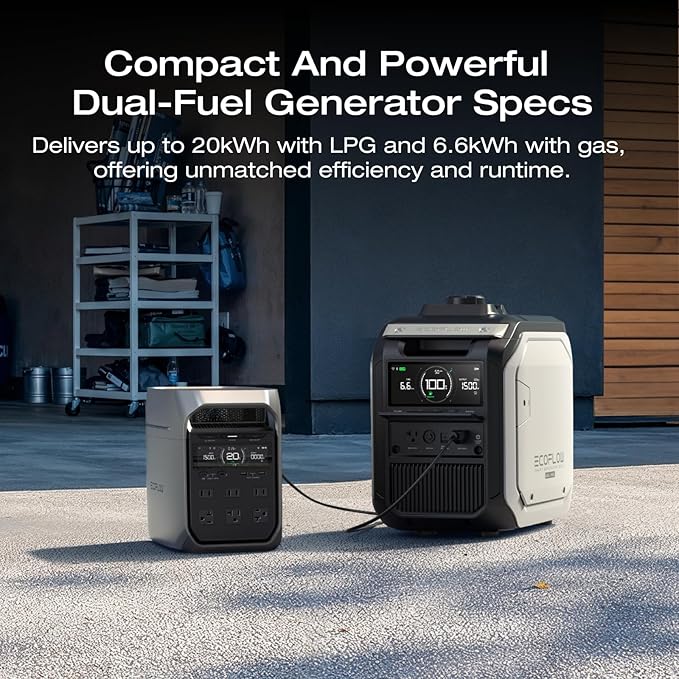 EF ECOFLOW Smart Generator 3000（Dual Fuel), LPG & Gas Powered, Smart Control, Portable Backup for Home Use, Emergency Power, Two AC Outputs, Compatible with DELTA 3 Plus & Other AC-Connected Devices