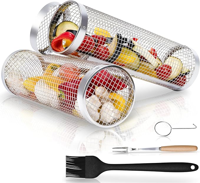 2PCS Rolling Grill Baskets for Outdoor Grill, Big Green Egg Accessories-Set Includes Fork, Hook, and Oil Brush-304g Stainless Steel-Perfect Gifts for Dad, Camping Must Haves, Unique Outdoor Gifts