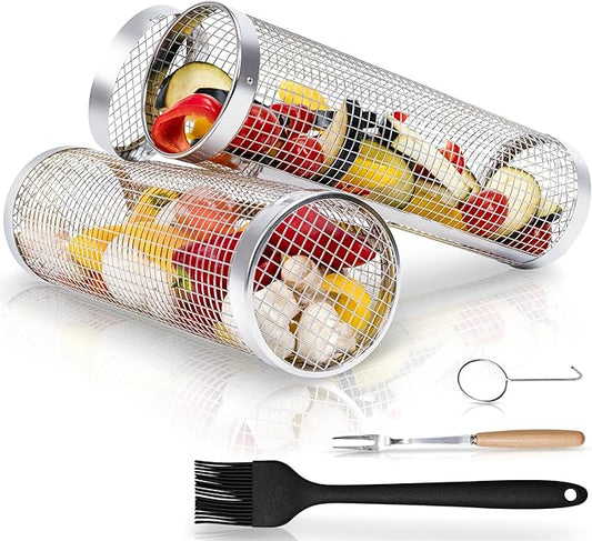 2PCS Rolling Grill Baskets for Outdoor Grill, Big Green Egg Accessories-Set Includes Fork, Hook, and Oil Brush-304g Stainless Steel-Perfect Gifts for Dad, Camping Must Haves, Unique Outdoor Gifts
