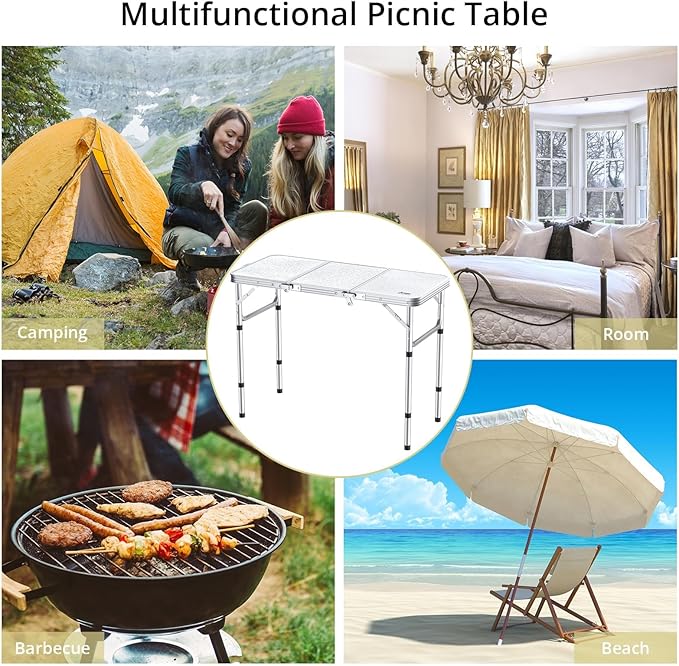 Folding Camping Table with Storage Net, 3ft Camping Table Aluminum Folding Table with 3 Adjustable Height Max 27.1 Inch, Portable, for Outdoor Backyard BBQ, Silver