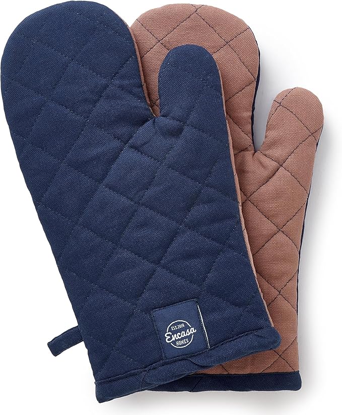 Encasa Heat Resistant Cotton Oven Gloves Mitts (2 Pc Set) - Quilted & Safe 12x7 in - for Kitchen, Cooking & Baking, Grilling, Handling Hot Pots & Pans - Scotch Blue