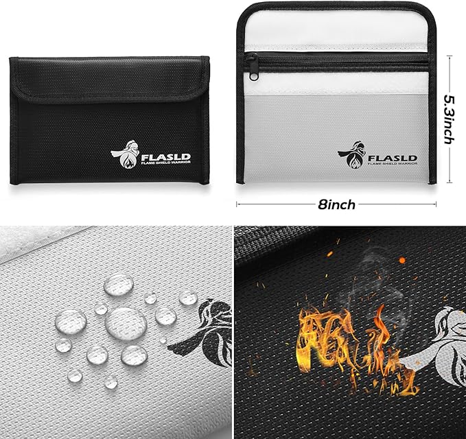 FLASLD Fireproof Money Bags, Fireproof Wallet Pouch, Small Safe Bag for Cash, Valuables & Passport, with Silicone Coating & Zipper Closure (2-Pack Money Bag-8x5”)