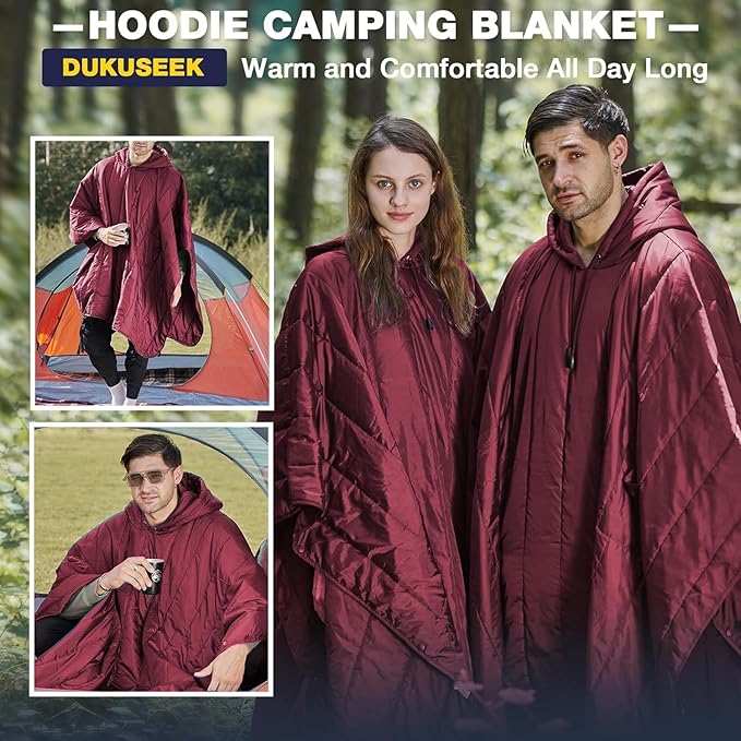 DUKUSEEK Outdoor Wearable Camping Blanket, Large Packable Backpacking Hooded Stadium Blankets, Lightweight Warm Quilt for Picnic, Hiking, Football, 79"X56", Wine Red