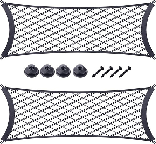 JINGKE 2 Pcs Small Cargo Net Pocket Elastic Mesh Netting Car Mesh Pouch with Screws and Hooks for Trunk RV Boats Home Cargo Storage (25.6'' x 9.8'')