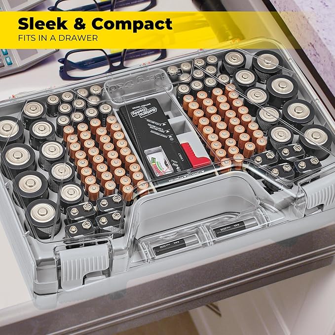 Ontel Battery Daddy Storage & Organizer Case with Tester, Stores & Protects Up to 180 Batteries, Double-Sided, Durable Design W/Clear Locking Lid, Secure Latches & Portable Carrying Handle- Warm Grey